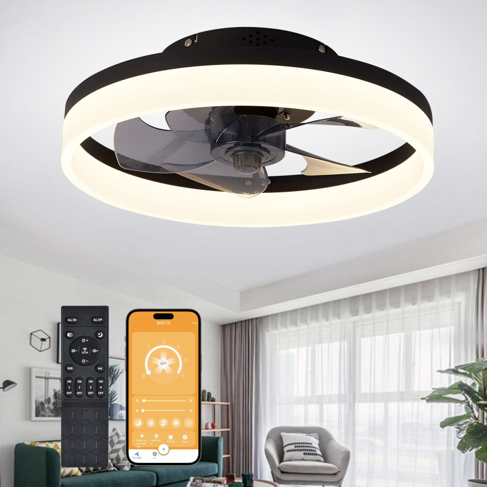 MOSSCO Ceiling Fans with Lights and Remote, LED Dimmable 3 Colour 6 Speeds Reversible Fan Light, Modern Fan Lights Ceiling for Bedroom, Flush Mount