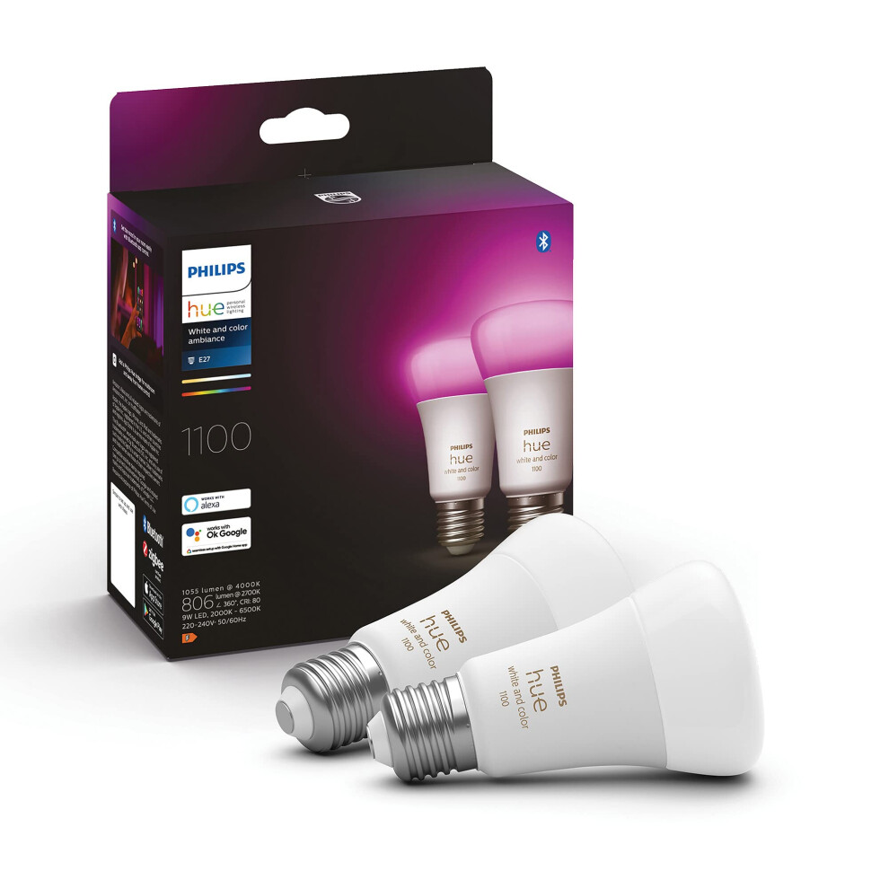 Philips Hue And Colour Ambiance Smart Bulb 2 Pack 75W - 1100 Lumen [E27 Edison Screw] With Bluetooth. Works With Alexa, Google Assistant White/Light