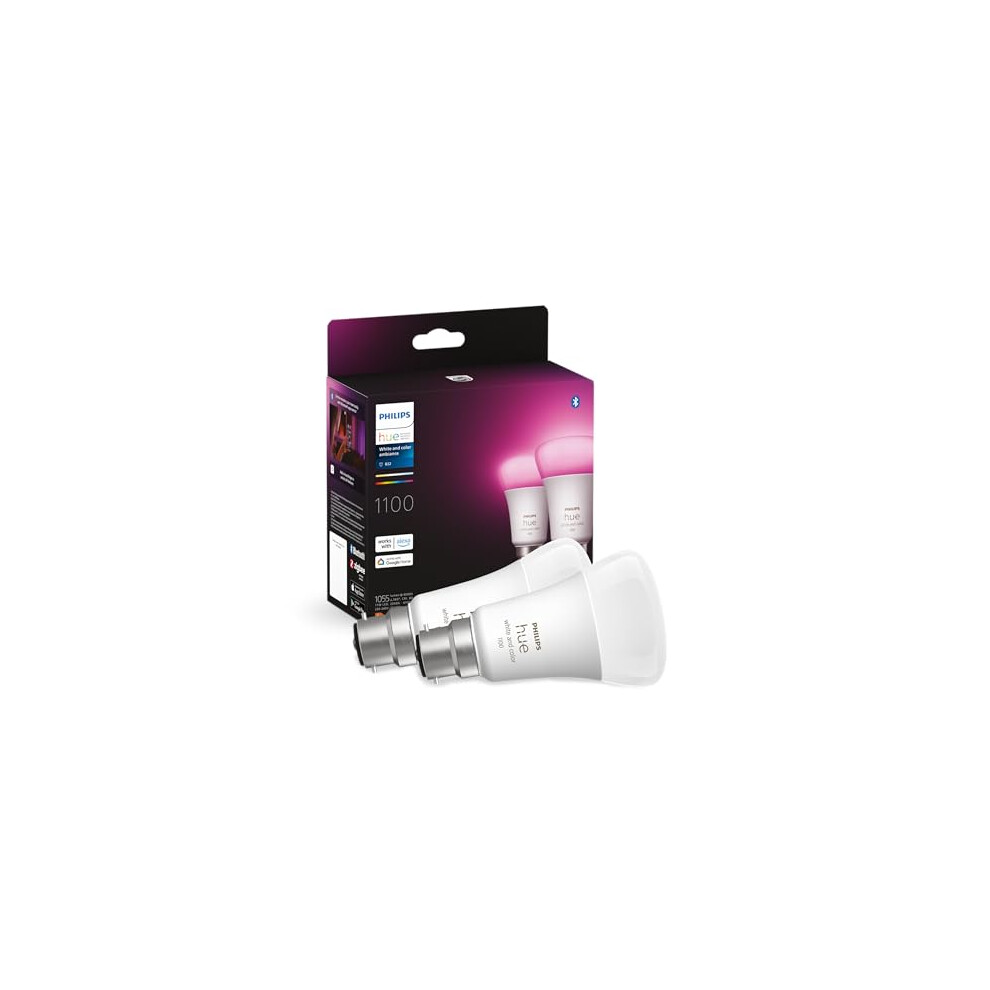 Philips Hue White & Colour Ambiance Smart Bulb Twin Pack LED [B22 Bayonet Cap] - 1100 Lumens (75W Equivalent). Works with Alexa, Google Assistant and