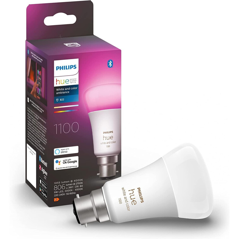 Philips Hue & Colour Ambiance Single Smart Bulb Led [B22 Bayonet Cap]-1100 Lumens (75W Equivalent).Works Alexa,Google Assistant And Apple White
