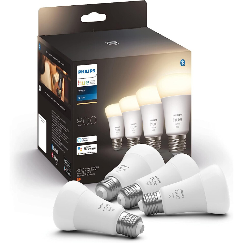 Philips Hue White Smart Bulb LED 4 Pack [E27 Edison Screw] - 800 Lumens (60W Equivalent). Works with Alexa, Google Assistant and Apple Homekit