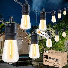 Festoon Lights Outdoor 30M/100 FT Garden String Festoon Lights IP65 with 32 LED 2700K Bulbs Outdoor String Lights Mains for Indoor Outside Patio