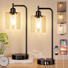 Aooshine Bedside Lamps Set of 2, Industrial Touch Lamps Bedside with USB C+A Charging Ports, Bedside Table Lamps for Bedroom, Black Bedside Lamps with
