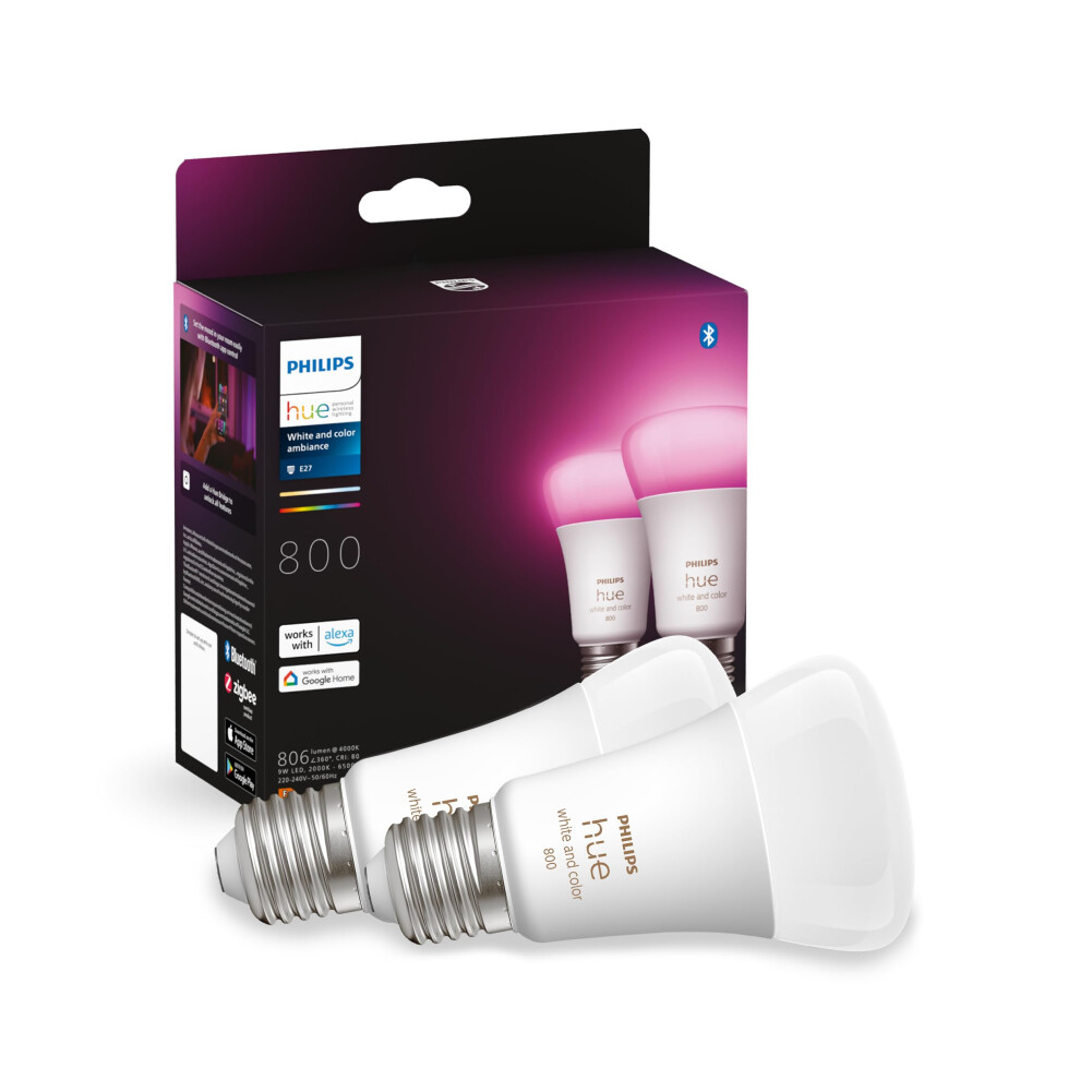 Philips Hue White and Colour Ambiance Smart Light Bulb 2 Pack 60W - 800 Lumen [E27 Edison Screw] with Bluetooth. Works with Alexa, Google Assistant