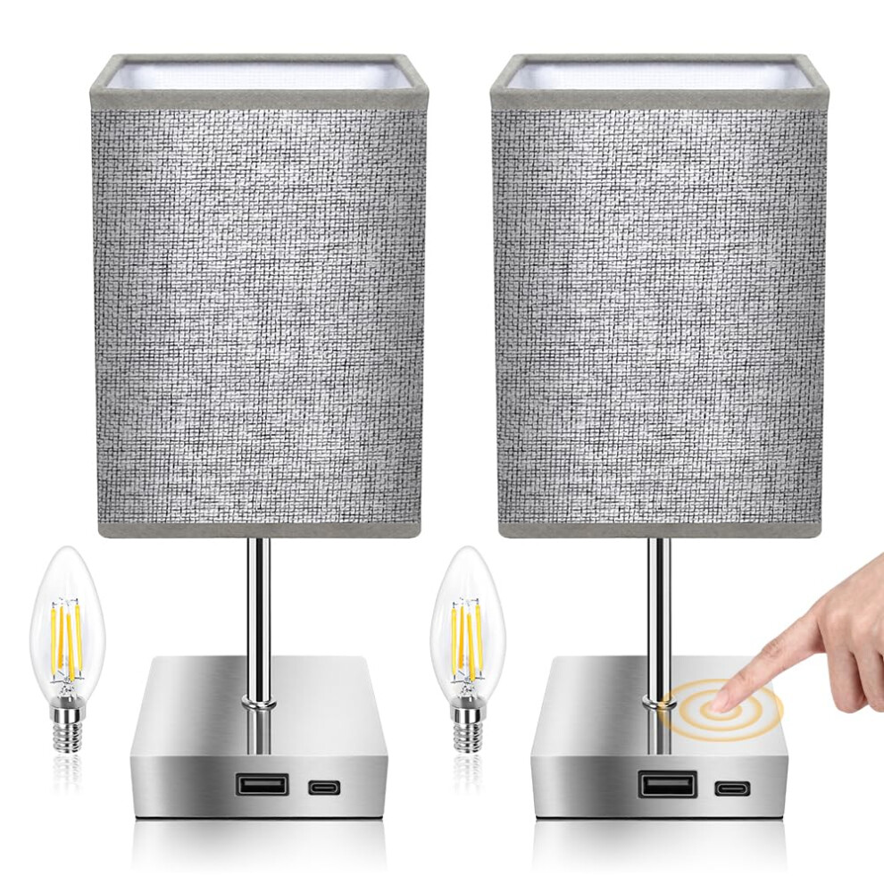 Totofac Touch Bedside Table Lamp Set Of 2, Dimmable Touch Control Nightstand Lamps With Usb-C?Usb-A Charging Ports,Lamps 3 Way Dimmable, Small Lamp Greyflaxen