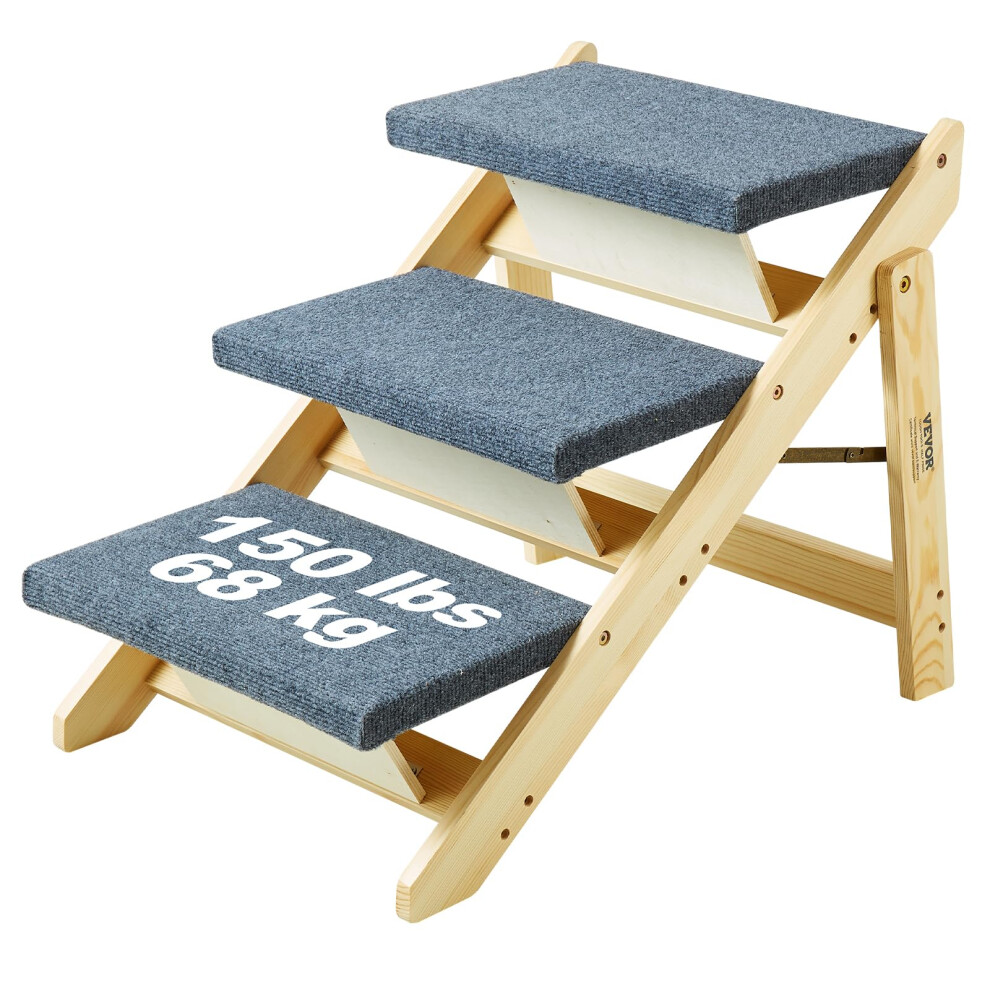 VEVOR Wood Pet Stairs, 2-in-1 Foldable Wooden Dog Stair & Ramp for Beds, Sofa and Cars, 3 Steps for Small Medium Large Pets, up to 150 lbs