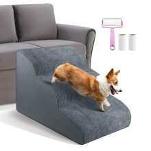 Dog Stairs 3 Steps for Small Dogs Cats Grey, Dog Steps Pet Ramp Ladder for Sofa Bed Non-Slip Foam with Removable Washable Cover, Send Lint Sticky