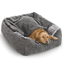 Heymamba Extra Large Dog Bed Rectangle Large Pet Beds Grey, Hooded Bed Pet Cave Bed with Designed for Wheat Grain, Soft Rose Fluff XL Dog Cave With