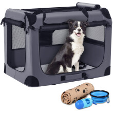 Petprsco Portable Dog Crate, Collapsible Dog Travel Crate 81x58x58 cm with Soft Blanket Foldable Bowl and a Poop Bag with Dispenser for Medium & Large