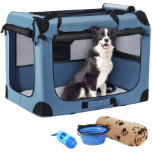 Petprsco Portable Dog Crate, Collapsible Dog Travel Crate 81x58x58 cm with Soft Blanket Foldable Bowl and a Poop Bag with Dispenser for Medium & Large