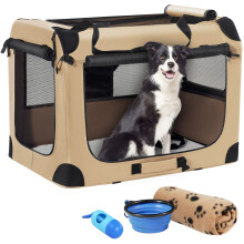 Petprsco Portable Dog Crate, Collapsible Dog Travel Crate 81x58x58 cm with Soft Blanket Foldable Bowl and a Poop Bag with Dispenser for Medium & Large