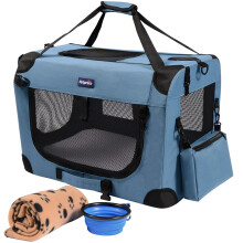 Petprsco Portable Collapsible Dog Crate, Travel Dog Crate 60x42x42cm with Soft Warm Blanket and Foldable Bowl for Large Cats & Small Dogs Indoor and