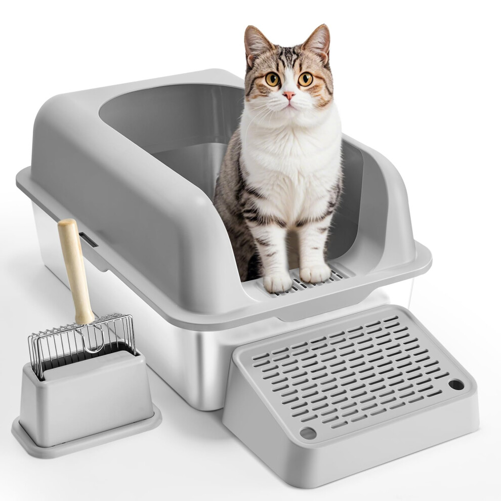 VEVOR Cat Litter Box, 6 inches Deep, XL Extra Large Stainless Steel Cat Litter Box with Scoop, Wide Filtering Foot Board & High Sides, Enclosed