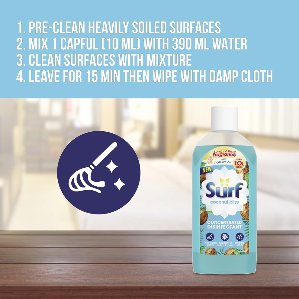 Surf Coconut Bliss Concentrated Disinfectant eliminates 99.9% of germs multi-purpose cleaner for sparkling clean surfac