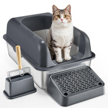 VEVOR Cat Litter Box, 6 inches Deep, XL Extra Large Stainless Steel Cat Litter Box with Scoop, Wide Filtering Foot Board & High Sides, Enclosed