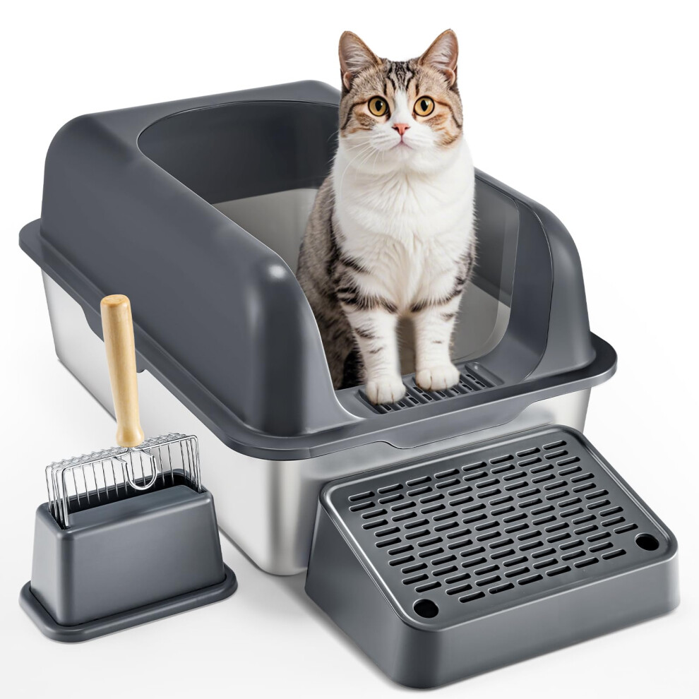 VEVOR Cat Litter Box, 6 inches Deep, XL Extra Large Stainless Steel Cat Litter Box with Scoop, Wide Filtering Foot Board & High Sides, Enclosed