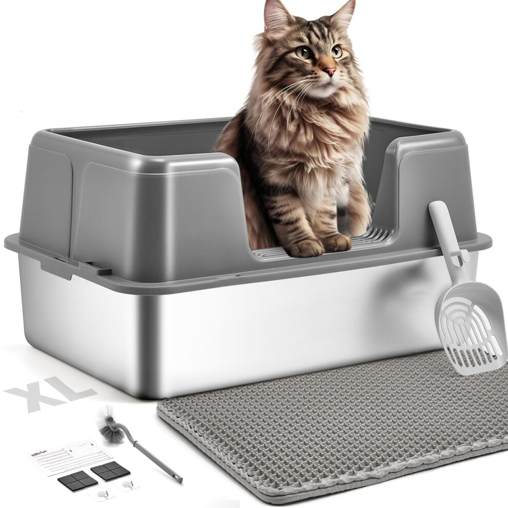 Papettly Extra Large Stainless Steel Litter Box, 36L Cat Litter Tray with Splash-Proof Lid, Easy Cleaning Odor-Less XL Cat Litter Tray with Double