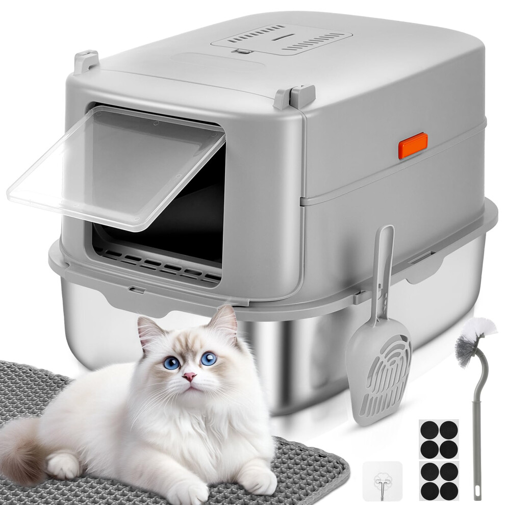 Papettly High Sided Stainless Steel Litter Box with Lid, Extra Large Cat Litter Trays Hooded Cat Litter Box, Enclosed Litter Box for Big Cats with Cat