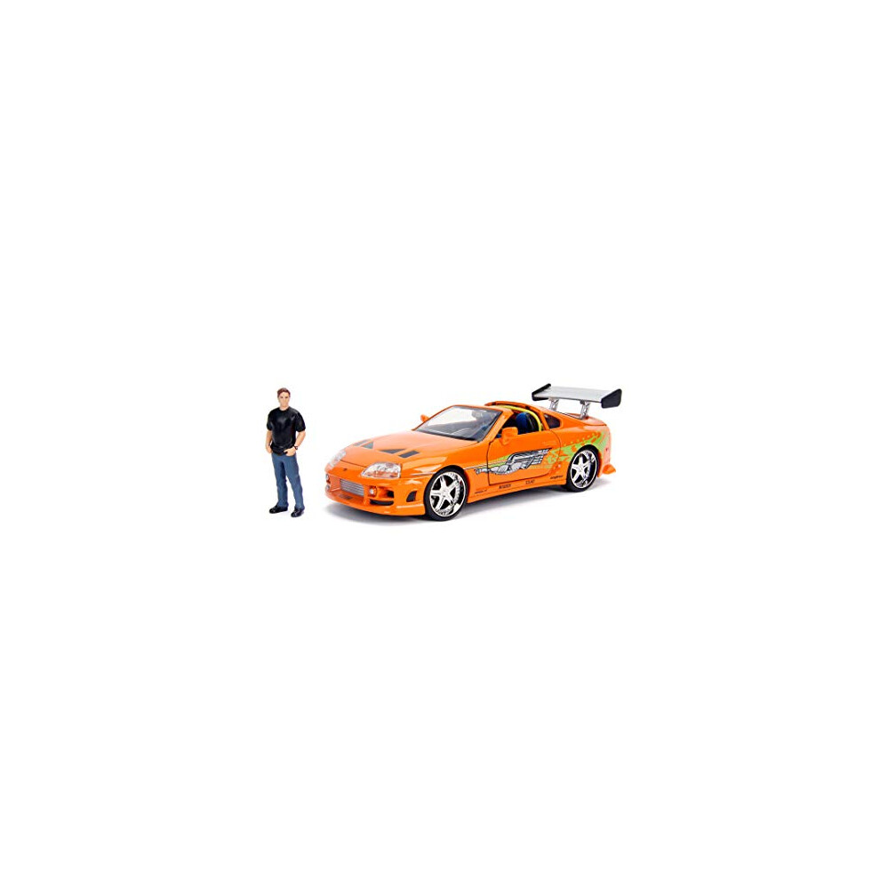 New Jada Toys - Fast And Furious Model Car Toyota Supra & Brian - Car Model 1995 Toyota Supra Mk4 1:24 With Brian O'conner Figure, Vehicle With Orange 253205001