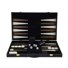Engelhart Deluxe Wooden Backgammon Game in Leatherette Covered Case, 2 player, 5 dice, 2 cups as well as shuffleboard, (Brown/Ivory 18 ")