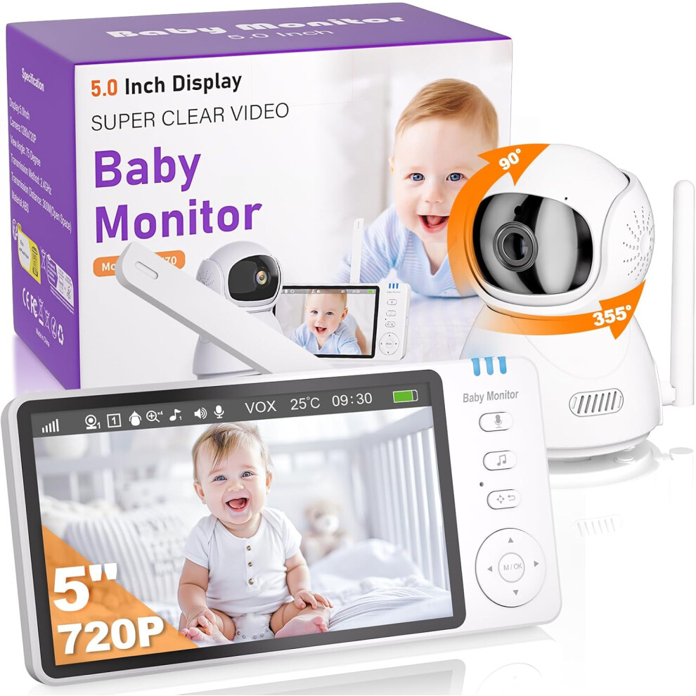 Baby Monitor 720P Video 5 Inch Camera x2 x4 Zoom 2 Way Audio with VOX Mode Night Vision 8 Lullabies Feeding Reminder for Parents