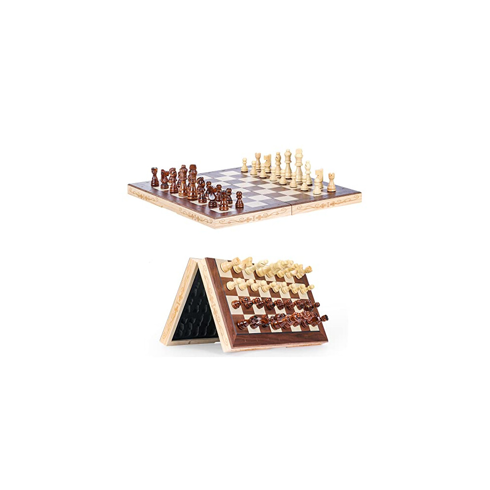 Syrace Magnetic Chess & Checkers Set Board Games, Wooden Foldable Hand Carved Portable Travel Chess Board Game Sets with Game Pieces & Storage Slots-image-OPC-PGQ8MZ8-NEW