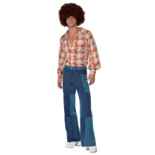 Smiffys 70s Retro Costume, Blue with Shirt & Patchwork Denim Trousers, 1970's Disco Fancy Dress, 1970s Dress Up Costumes