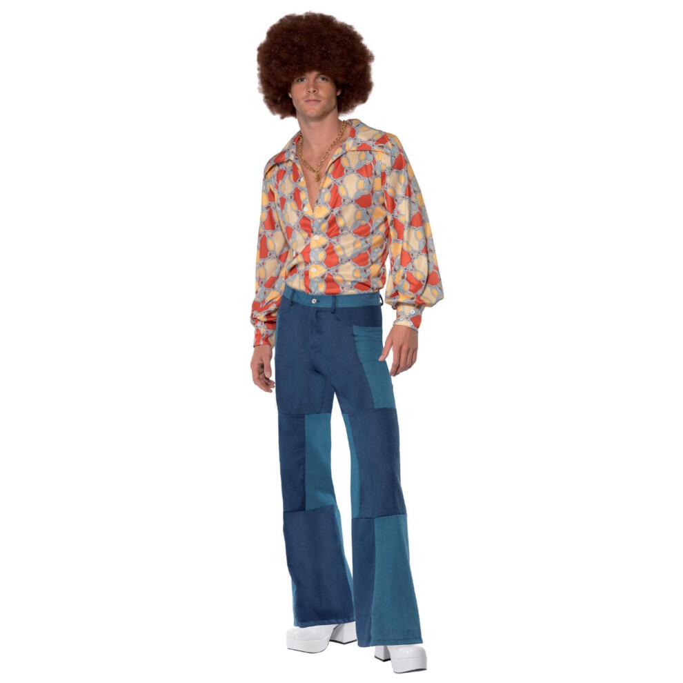 Smiffy's 70S Retro Costume, With Shirt & Patchwork Denim Trousers, 1970'S Disco Fancy Dress, 1970S Dress Up Costumes Blue