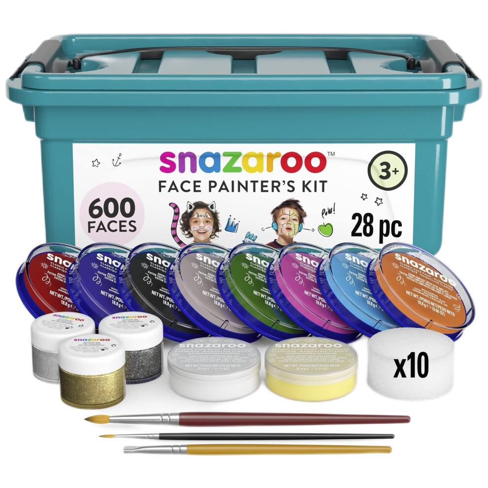 Snazaroo 1194020 Assorted Face Painting Kit - 28 Pcs, Multicoloured Paints, Sponges, Brushes & Glitter Gels