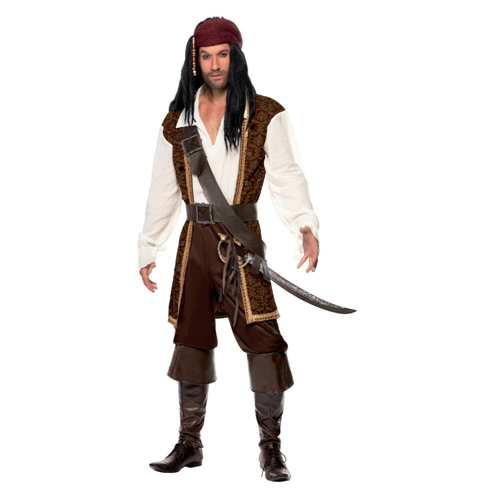 Smiffy's High Seas Pirate Costume, Top, Short Trousers, Baldric, Belt & Headscarf, Fancy Dress, Pirate Dress Up Costumes Brown