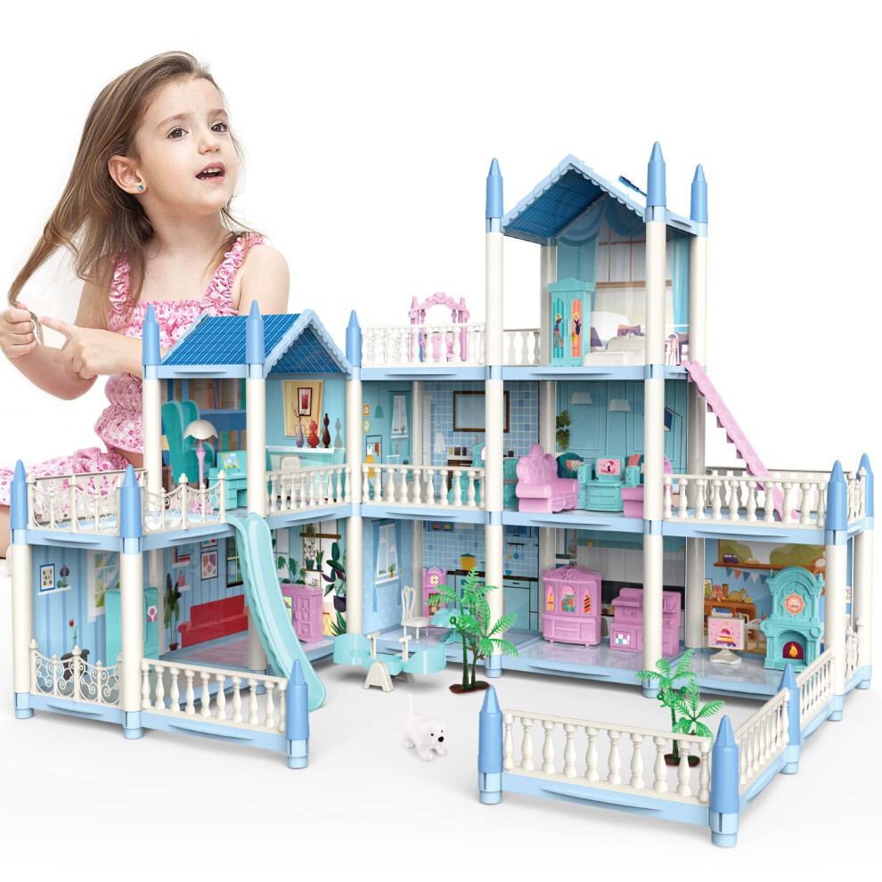 Deao Toys Deao Diy 3D Dolls House, Portable Dollhouse Large Three Story Castle Dolls House Playset With Furniture & Accessories Included Outdoor Space Open Blue