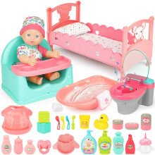 deAO 28 Pcs Baby Doll Set with Doll, Miniature Doll Cot, Toilet, Bathtub & Chair Feeding Accessories, Baby Doll Bath Set with Bathing & Dolls