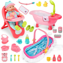 deAO 14" Baby Doll Play Set 25 Pcs Baby Doll Accessories with High Chair, Bath, Crib, Feeding Accessories, Pretend Play Baby Dolls for 3+ Year Old