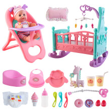 deAO ?My First Baby Doll? Play Set Includes Miniature Crib, High Chair, Feeding Accessories - 21 Pieces Toy Play Set (Baby Doll Included)