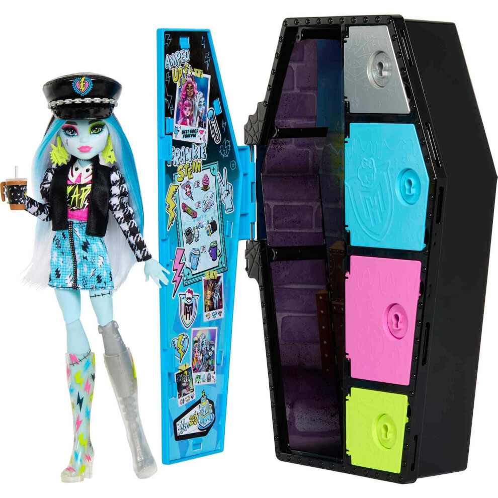 Monster High Doll And Fashion Set, Frankie Stein With Dress-Up Locker And 19+ Surprises, Skulltimate Secrets, Hky62