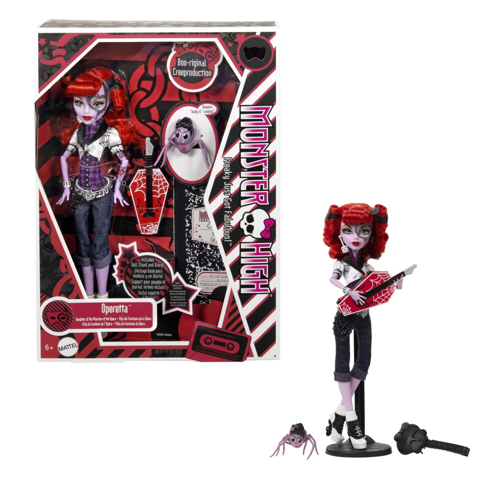 Monster High Boo-Riginal Creeproduction Doll, Operetta Collectible Reproduction With Doll Stand, Diary, And Pet Spider Memphis ?Daddy O? Longlegs,