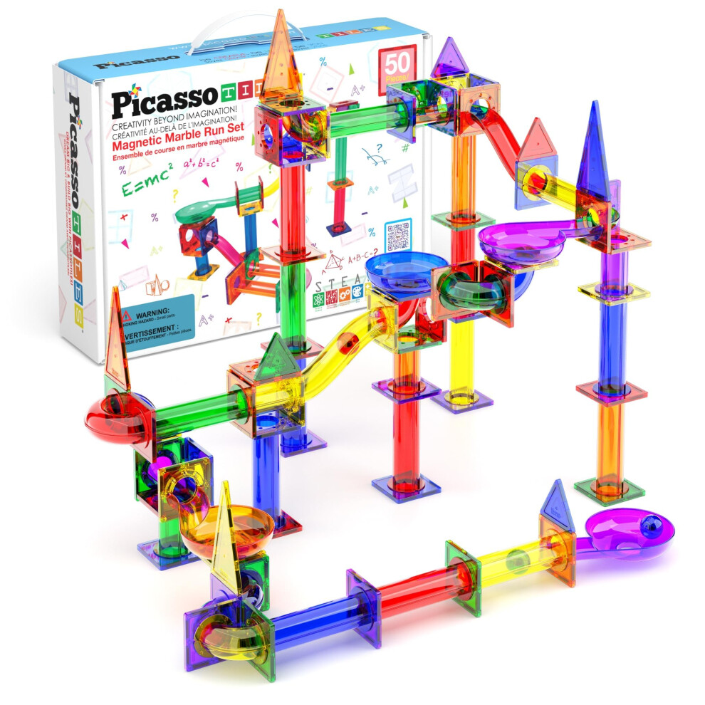 Picassotiles Marble Run 50-Piece Magnetic Tile Race Track Toy Play Set | Stem Building & Learning, Educational Magnet Construction, Child Brain