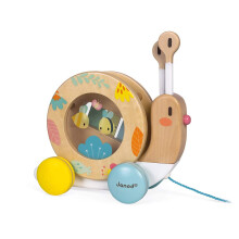Janod - Wooden Pure Pull-Along Snail - Wooden Toy with Xylophone and Tambourine - Water Based Paint - Educational Musical Early Learning Toy - from 1