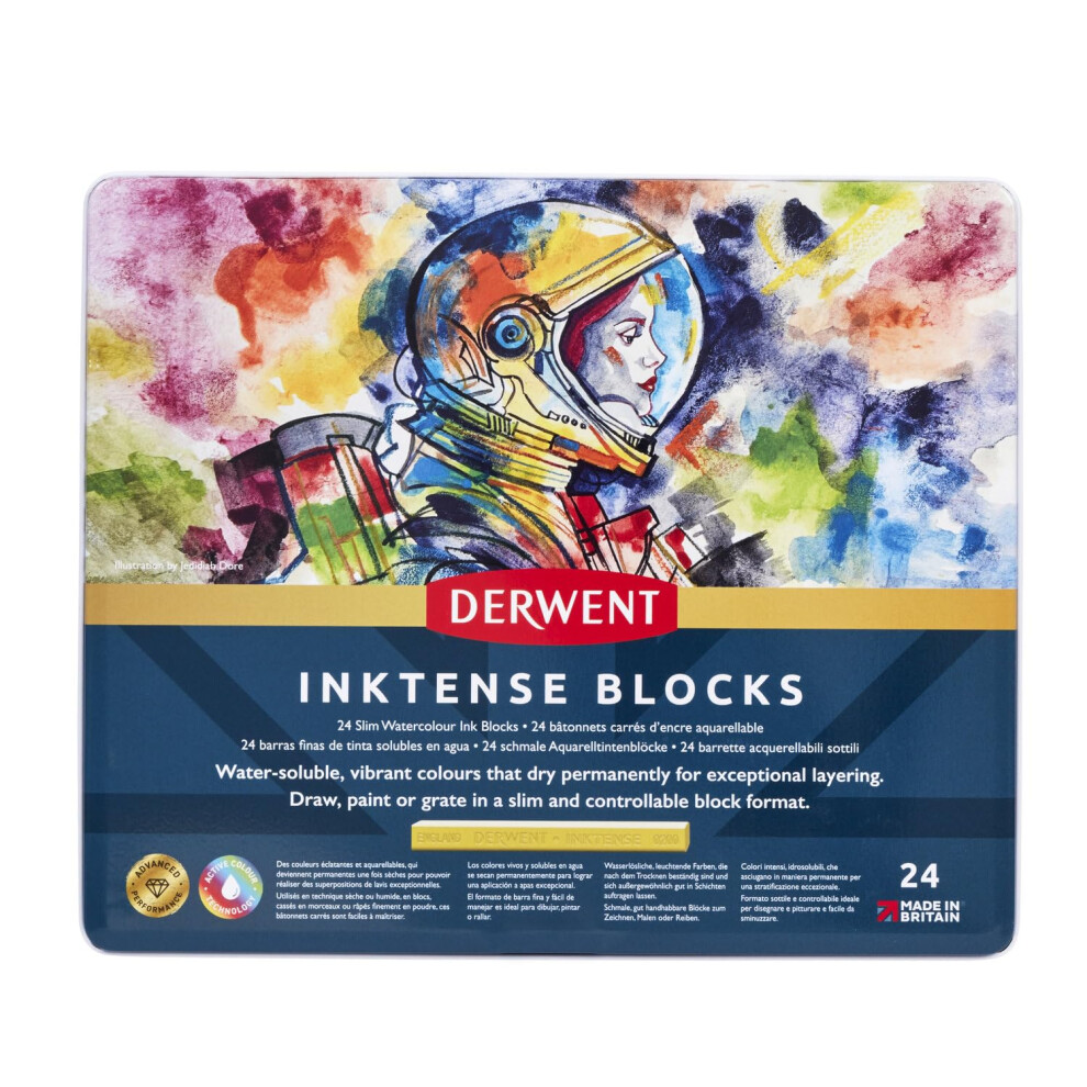 Derwent Inktense Blocks 24 Tin, Set of 24 Water-Colours, 8mm Block, Water-Soluble, Ideal for Drawing, Colouring, Crafts & Painting on Paper & Fabric,