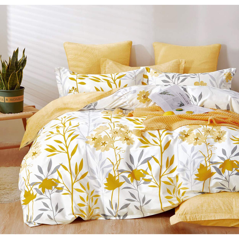 Housse de couette r   versible en coton 600 fils au pouce carr   , motif branches grises et fleurs jaunes, Queen Size (Queen White Leaf)