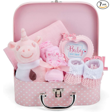 Baby Box Shop - Girl Gift Set, Newborn Essentials, Baby Shower Gifts for Girls, Keepsake Box with Pink Unicorn Rattle,