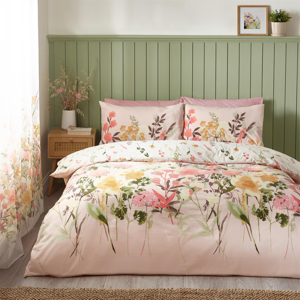 Catherine Lansfield (Super King, Pink) Countryside Floral Duvet Cover Set Floral Bedding Set Quilt Cover Nature Pink White