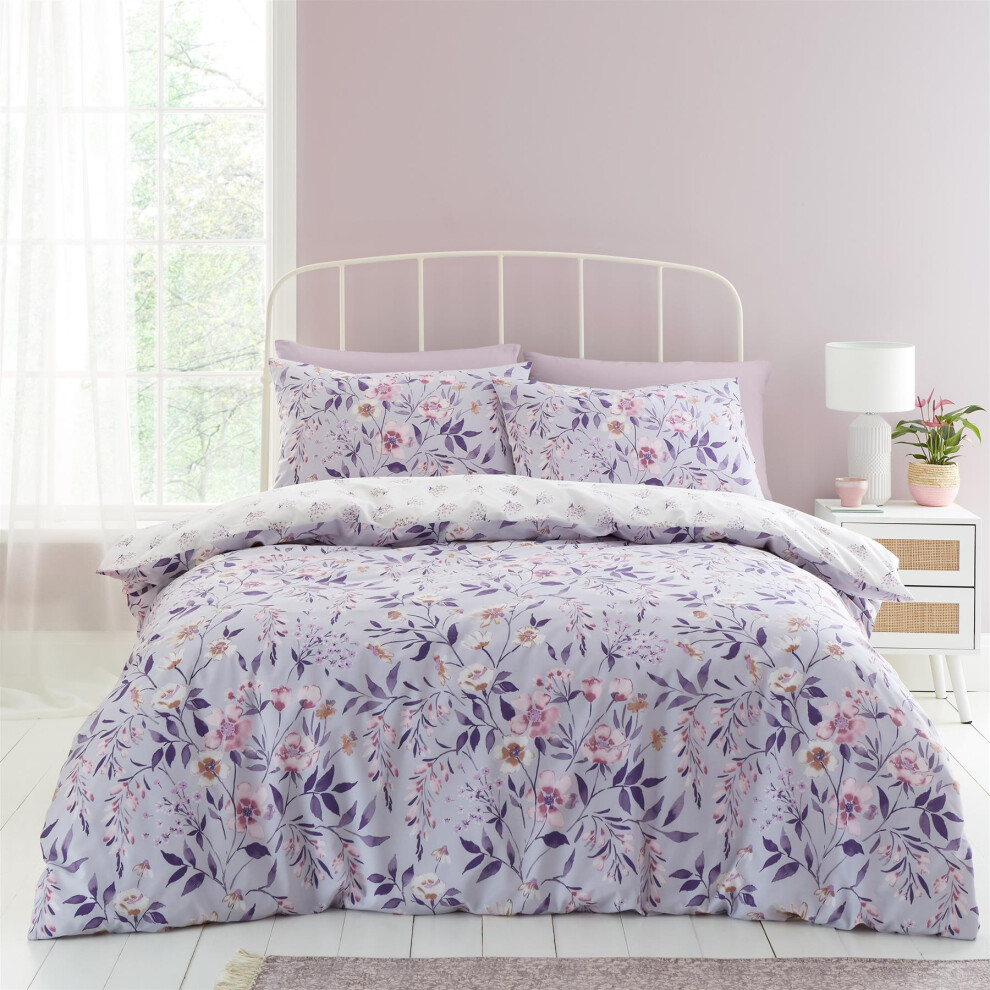 (Single, Purple) Catherine Lansfield Duvet Cover Set Bedding Bed Set Isadora Floral Lilac Natural