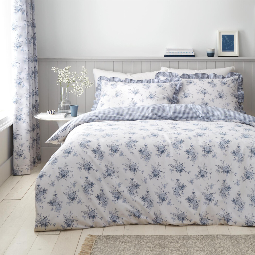 (Super King, Blue) Catherine Lansfield Lucie Floral Frill Duvet Cover Set Bedding Bed Set Blue