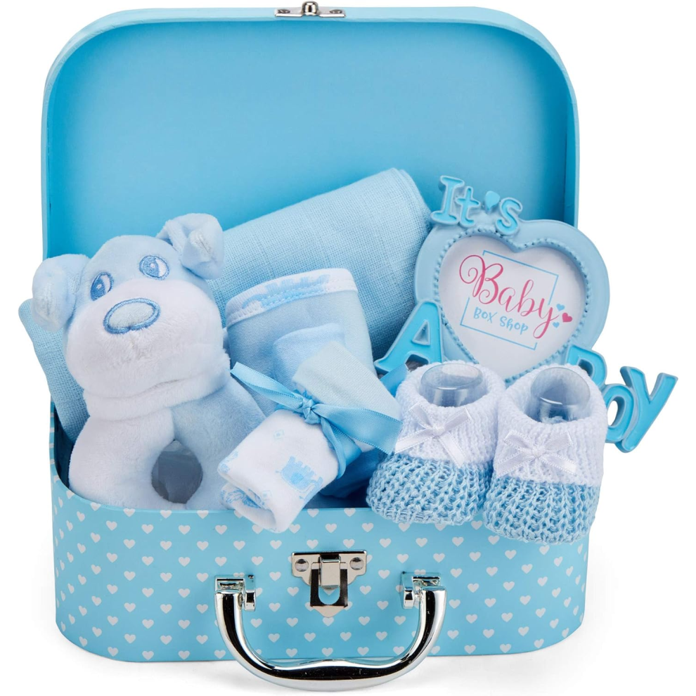 Baby Box Shop - Newborn Baby Boy Gift Set - Premium Hamper with Blue Dog Rattle, Photo Frame, Muslin Cloth, Booties, Bi
