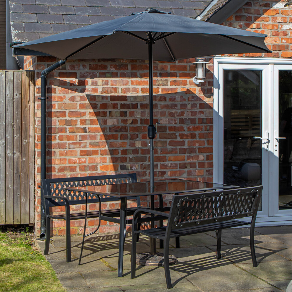 4 Person Rectangular Glass Top Table Benches With Grey Havana Parasol and Base