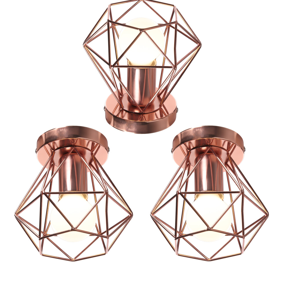 (3X) Plafonnier Rétro Lampe de Plafond D'Intérieur Vintage Or Rose Luminaire Plafonnier Cage en Fer Métallique , Pour Cuisine, Bureau