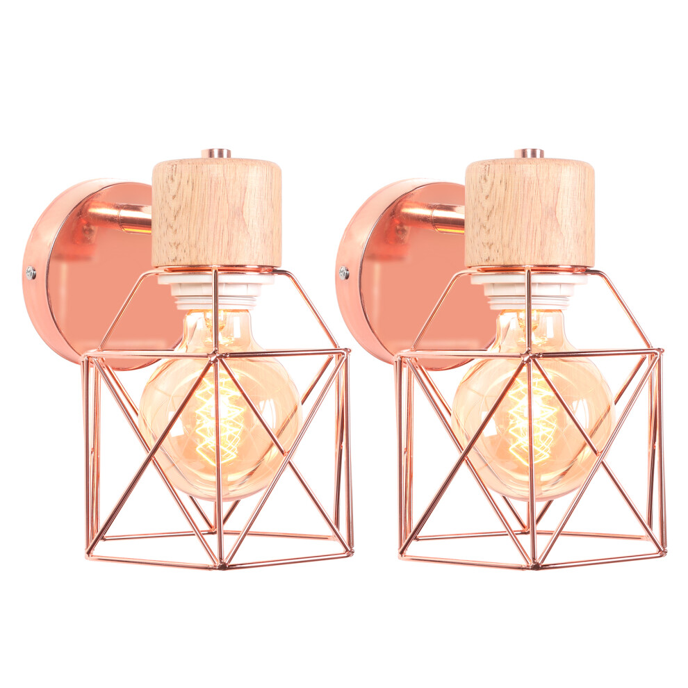(2X) Applique Murale Rétro Moderne Lampe Murale Nordique Applique Murale en Bois Métal Applique Murale Vintage Ampoule E27 (Or Rose)