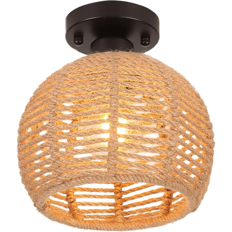 Retro Ceiling Light Ã20CM Hemp Rope Ceiling Light Round Ceiling Lamp, Metal Cage Lampshade, for Living Room Bedroom, E27 Black-image-OPC-PF55RFM-NEW