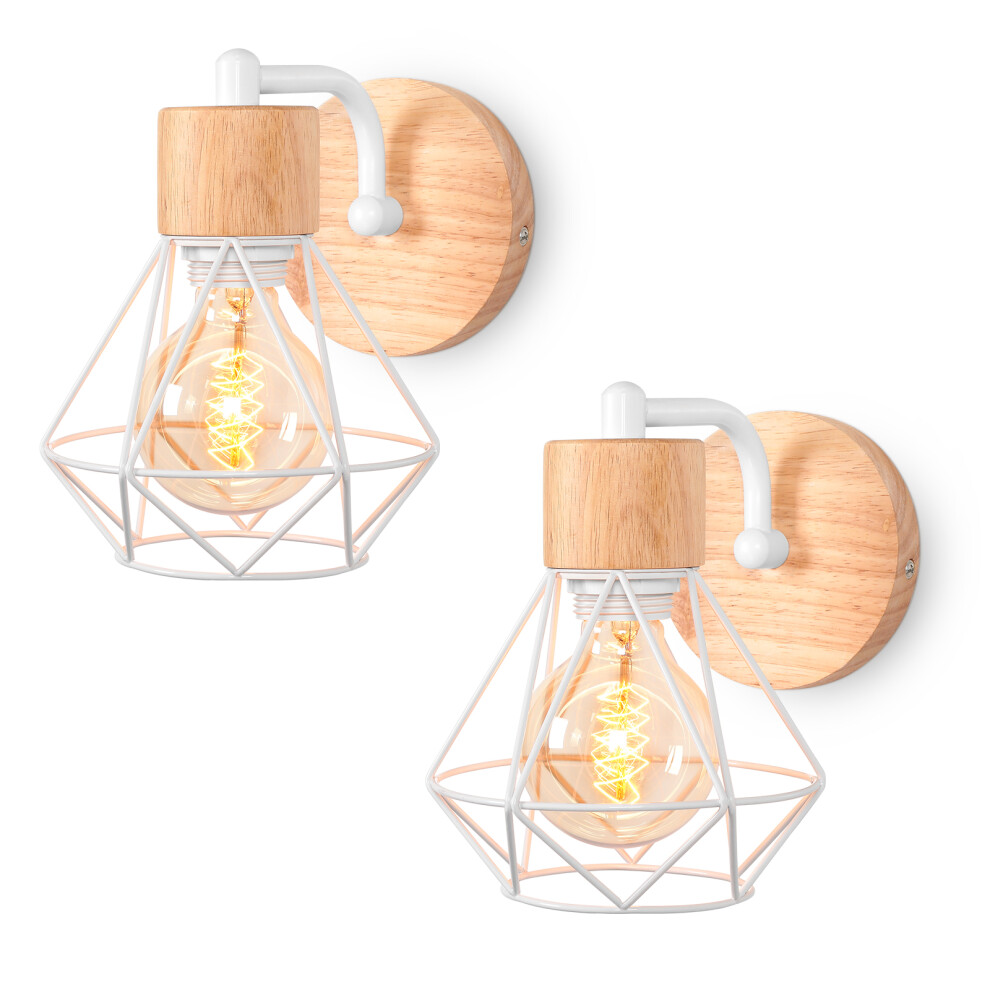 2PCS-Applique Murale Rétro E27 Lampe Murale Vintage En Fer Et Bois Rétro Cage Design Blanc Lampe Murale Interieur Pour Salon Chambre Cuisine Couloir